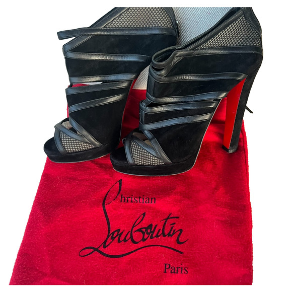 Christian Louboutin Shoes Commandanta Suede mesh Bootie 5 in Heel Peep toe 38.5 - Picture 1 of 9